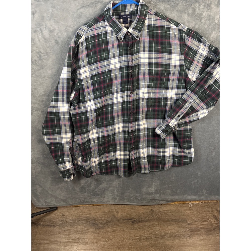 Lands End Mens XXL Green Plaid Flannel Shirt Long Sleeve Cotton Button Down